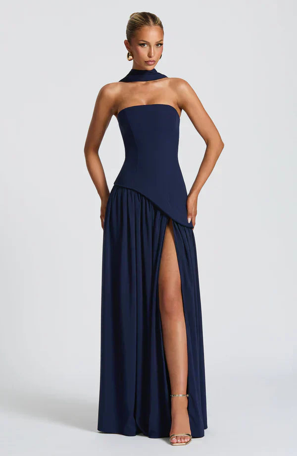 Navy Maxi Dress with Chiffon Skirt and Split