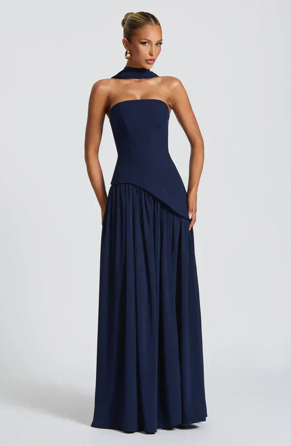 Navy Maxi Dress with Chiffon Skirt and Split