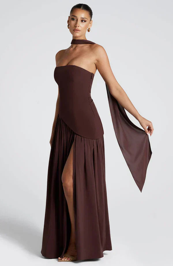 Brown Maxi Dress with Chiffon Skirt and Split