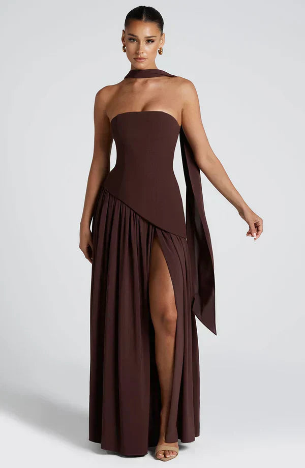 Brown Maxi Dress with Chiffon Skirt and Split