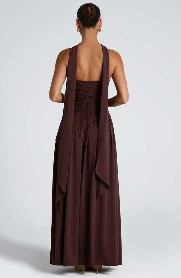 Brown Maxi Dress with Chiffon Skirt and Split
