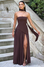 Brown Maxi Dress with Chiffon Skirt and Split
