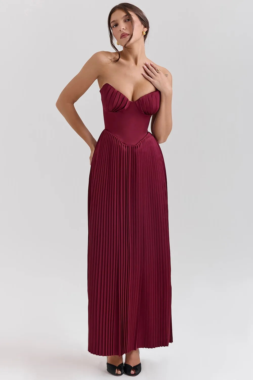 Red Pleated Georgette Maxi Dress