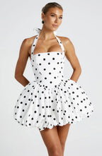 White Polka Dot Mini Dress with Puffball Skirt