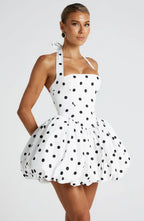 White Polka Dot Mini Dress with Puffball Skirt