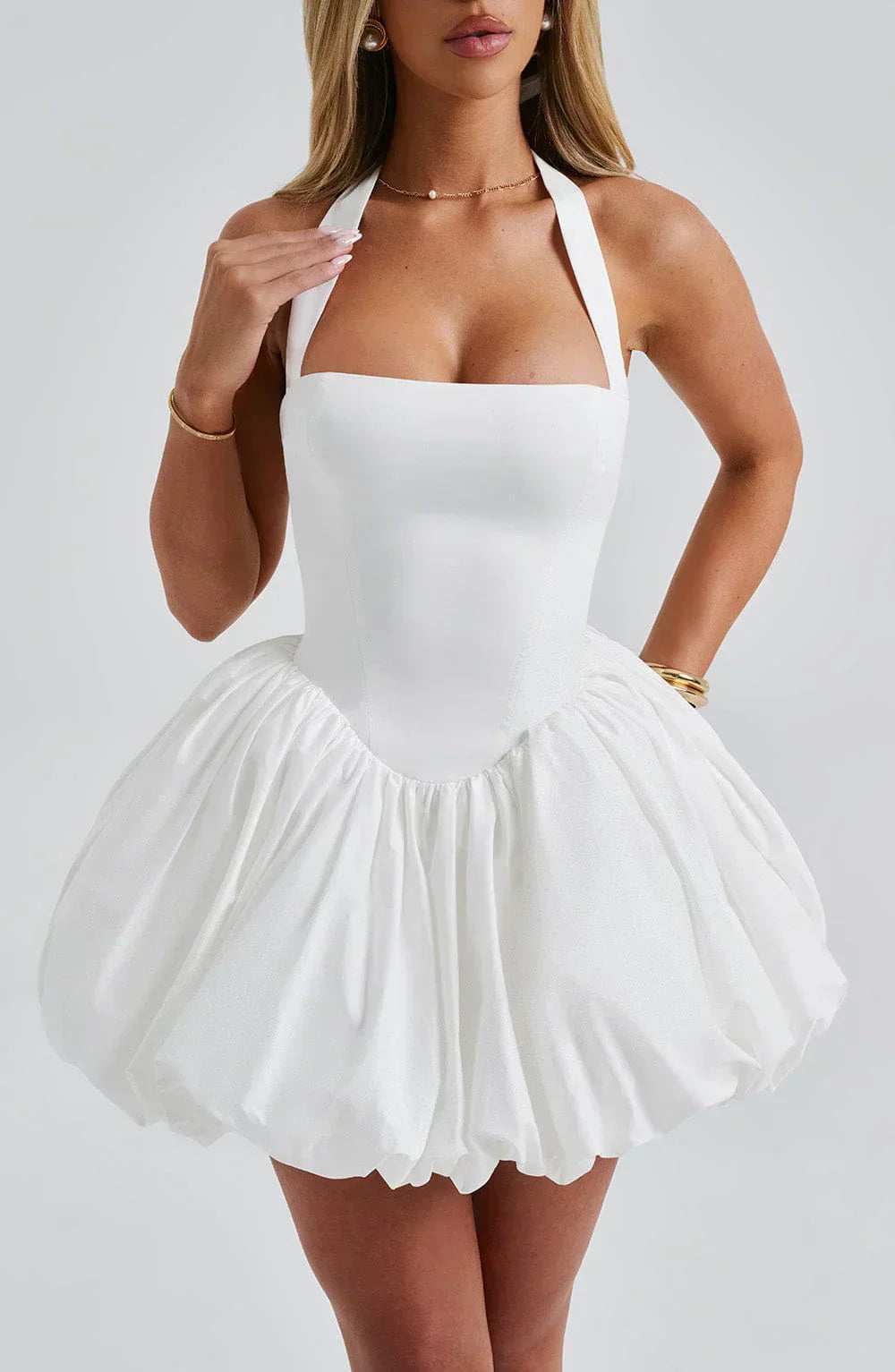 White Mini Dress with Puffball Skirt