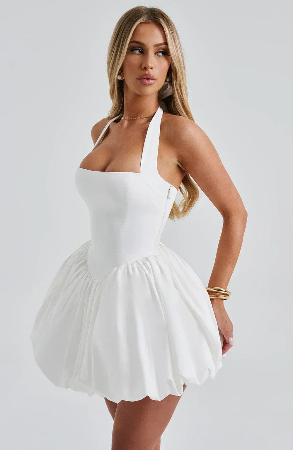 White Mini Dress with Puffball Skirt