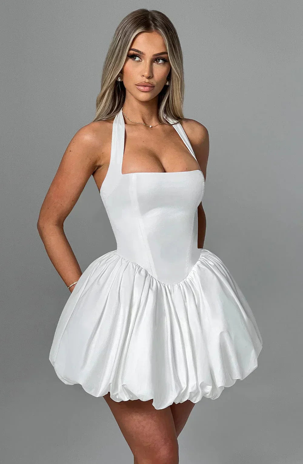 White Mini Dress with Puffball Skirt