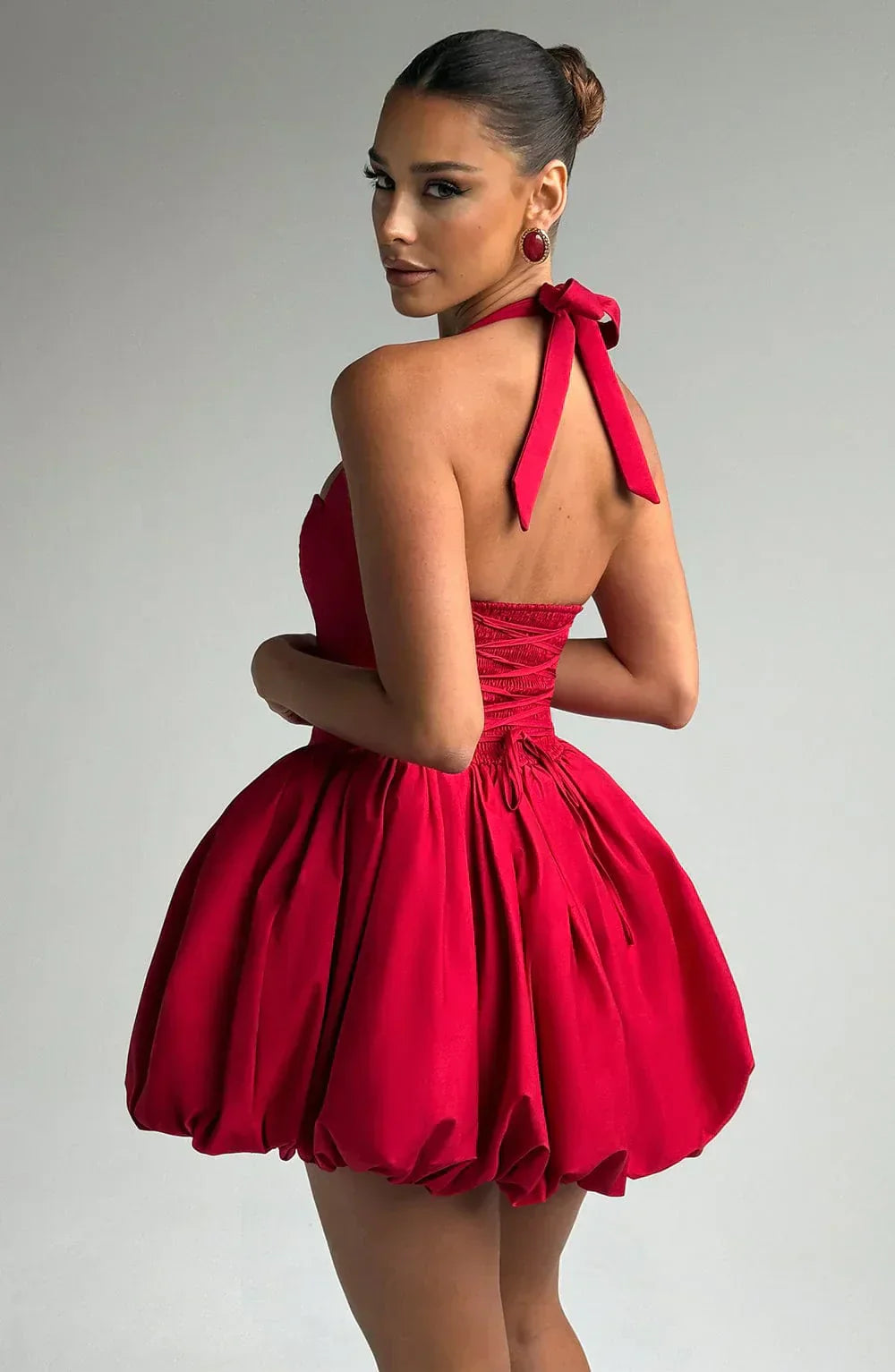 red puffball dress Amy Lynn Alexa shoulder tie puffball midi dress in cherry red