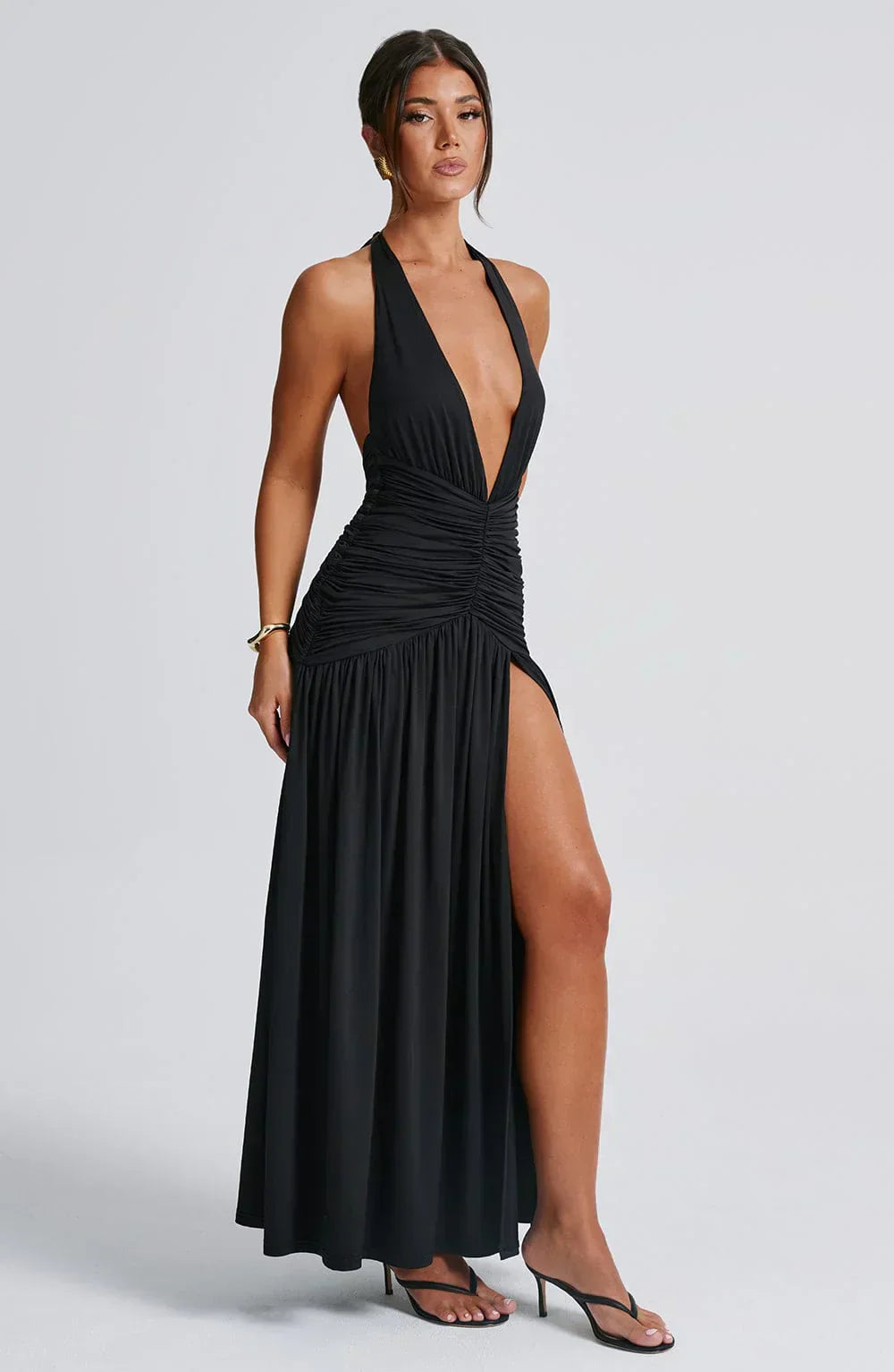 Black Halter Neck Maxi Dress with Open Back and Side Slit
