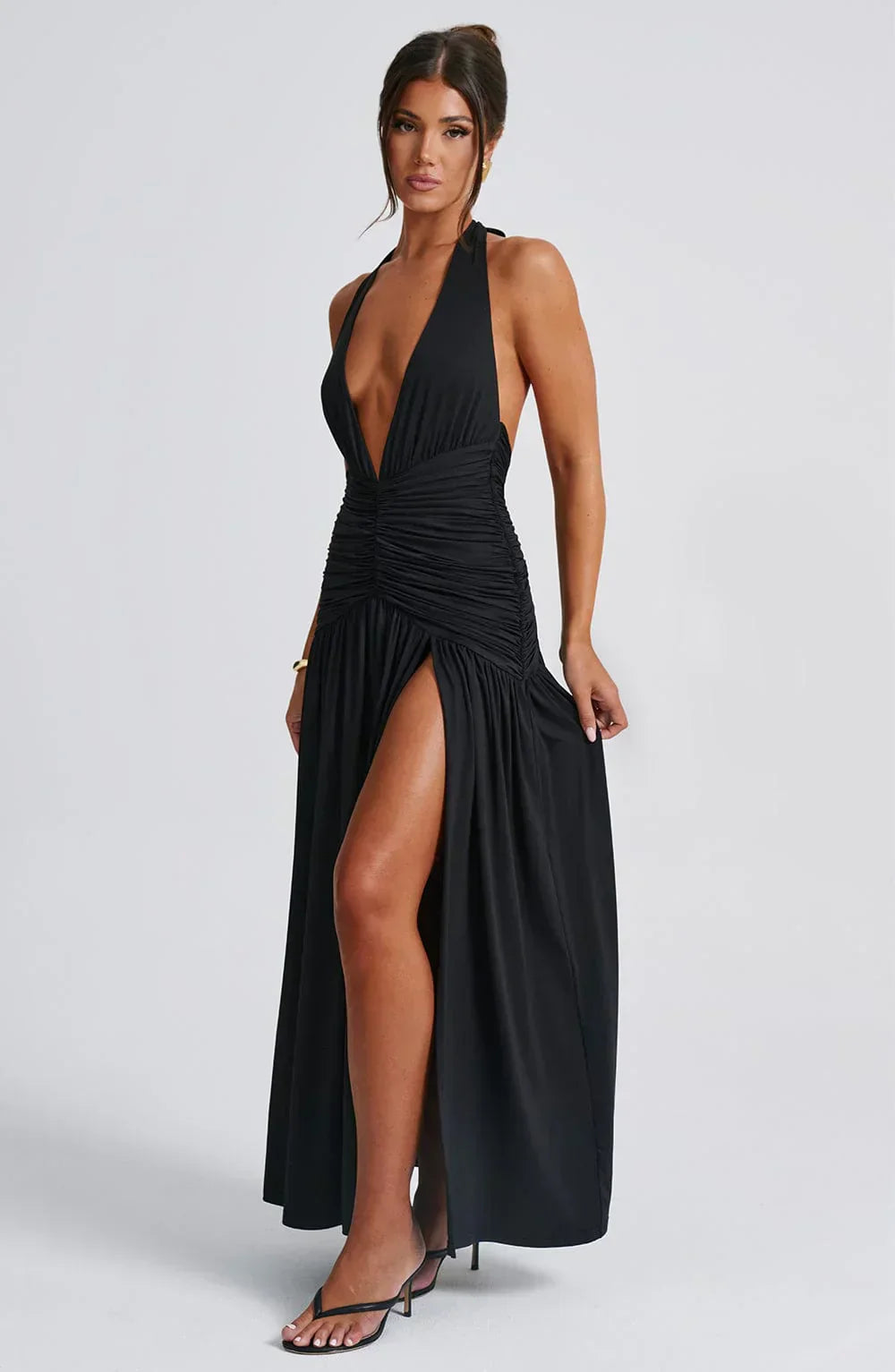 Black Halter Neck Maxi Dress with Open Back and Side Slit
