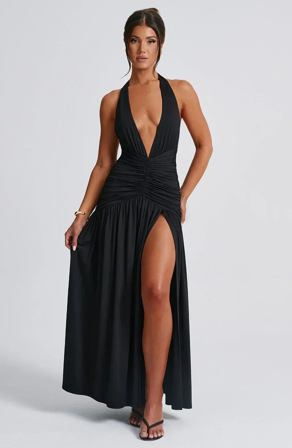 Black Halter Neck Maxi Dress with Open Back and Side Slit