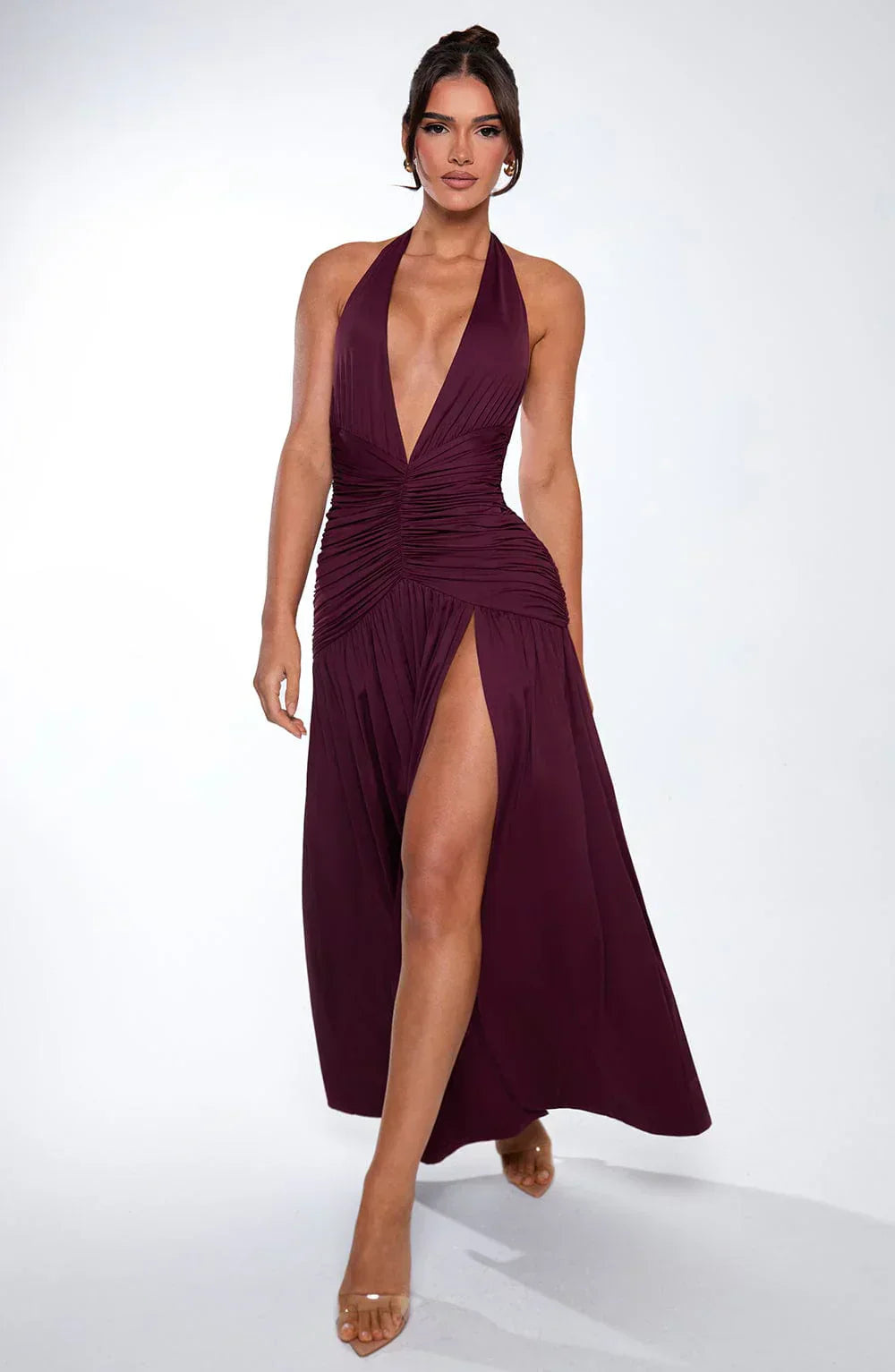 Red Halter Neck Maxi Dress with Open Back and Side Slit