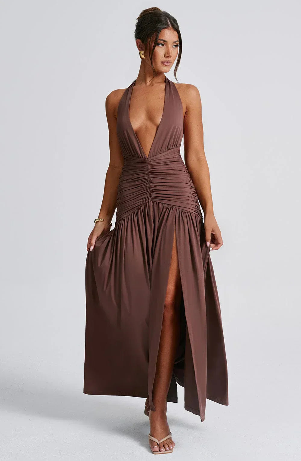 Brown Halter Neck Maxi Dress with Open Back and Side Slit