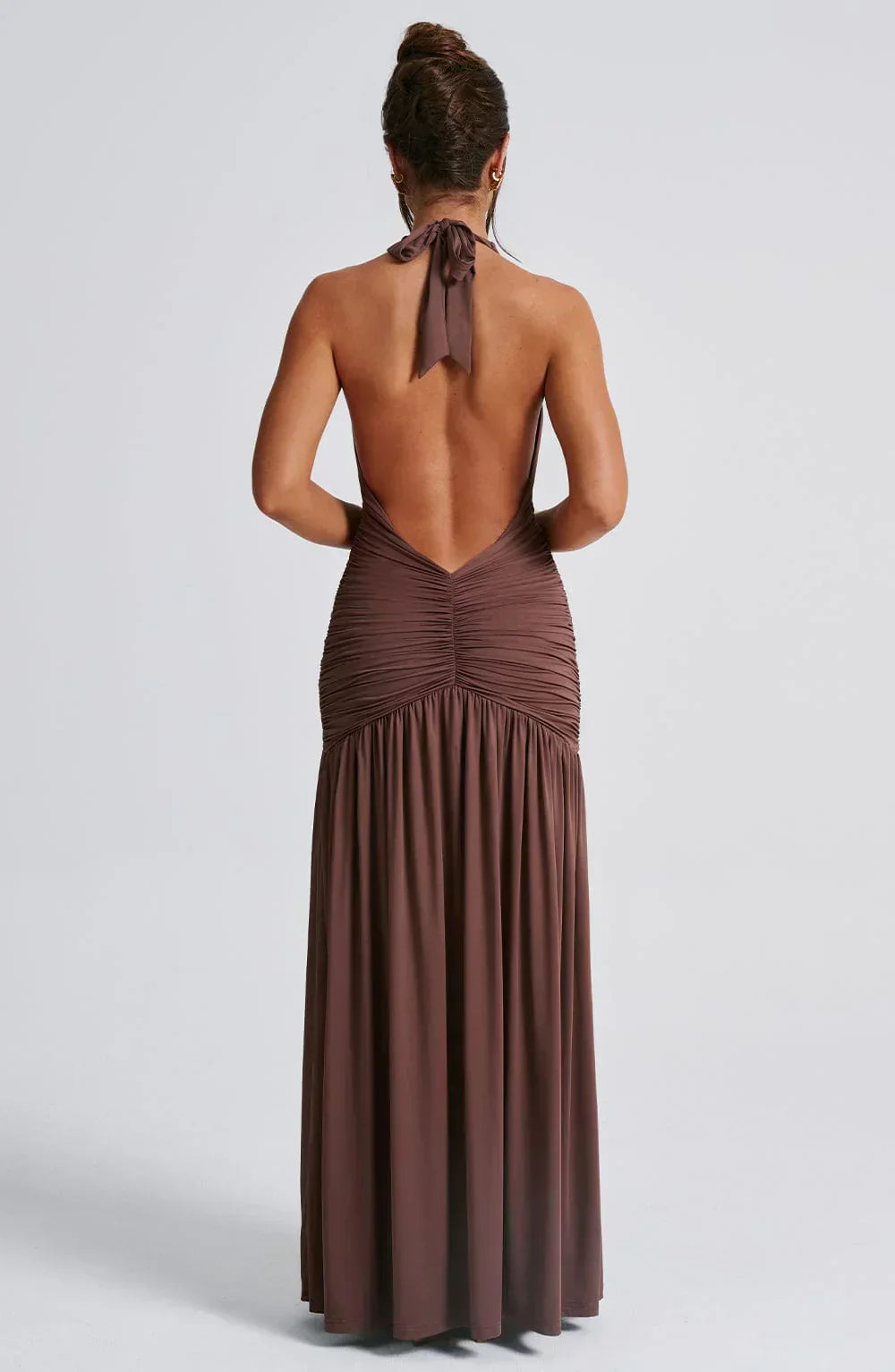 Brown Halter Neck Maxi Dress with Open Back and Side Slit