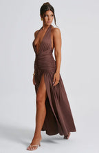 Brown Halter Neck Maxi Dress with Open Back and Side Slit