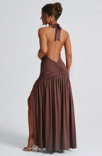 Brown Halter Neck Maxi Dress with Open Back and Side Slit