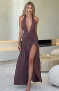 Brown Halter Neck Maxi Dress with Open Back and Side Slit