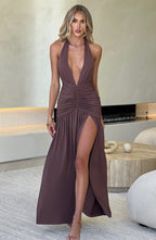 Brown Halter Neck Maxi Dress with Open Back and Side Slit