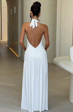 White Halter Neck Maxi Dress with Side Split