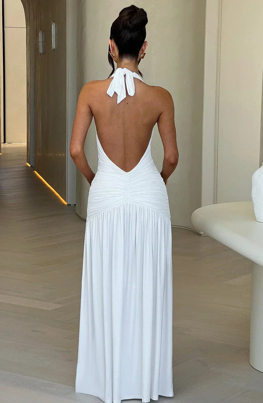 White Halter Neck Maxi Dress with Side Split
