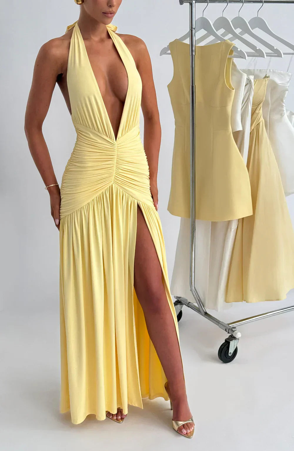Yellow Halter Neck Maxi Dress with Side Split
