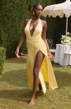 Yellow Halter Neck Maxi Dress with Side Split