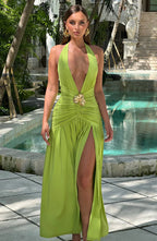 Green Halter Neck Maxi Dress with Side Split