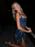 Navy Mini Dress with Printed Celestial Pattern