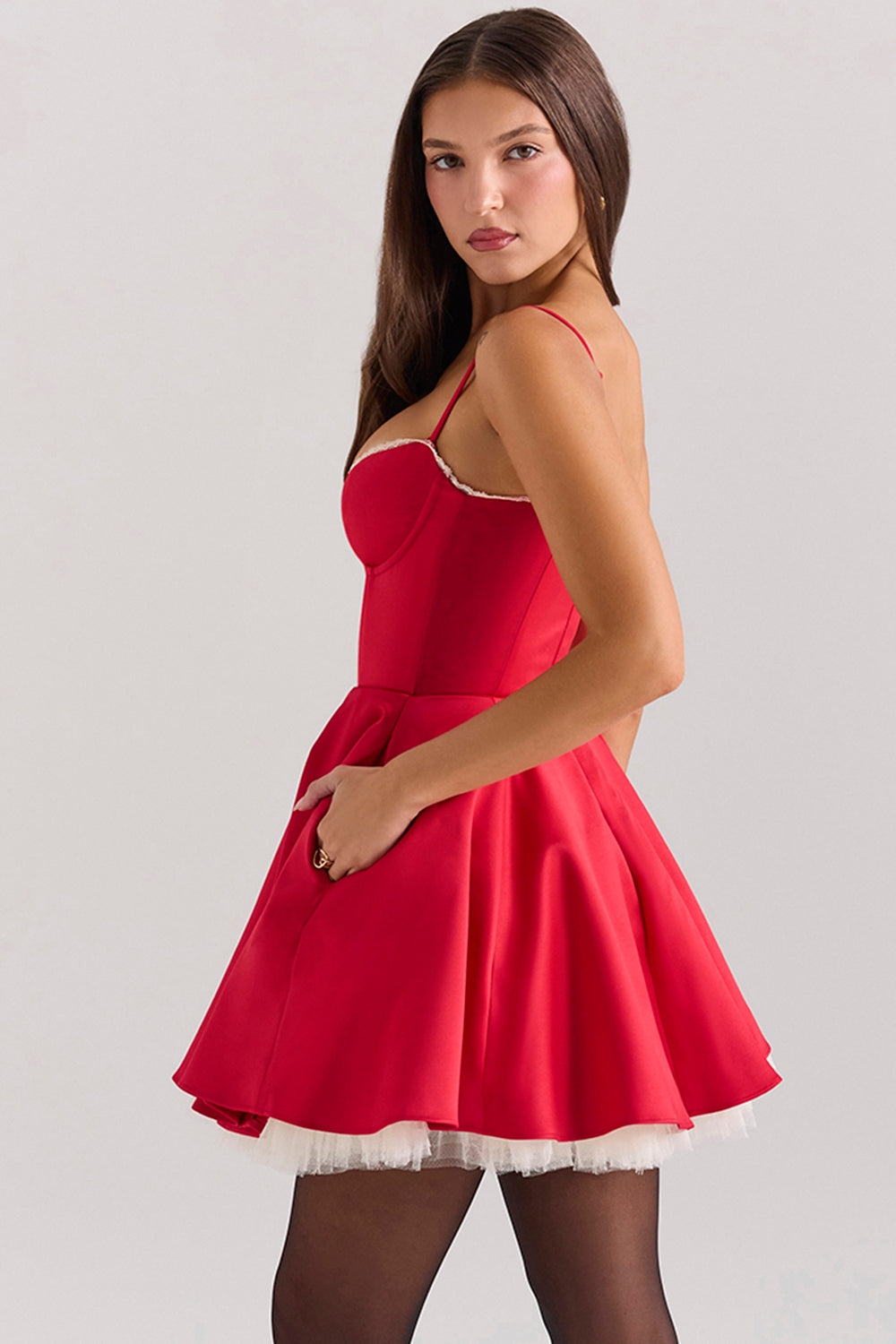 Red Mini Dress with Corset Bodice and Tulle Skirt