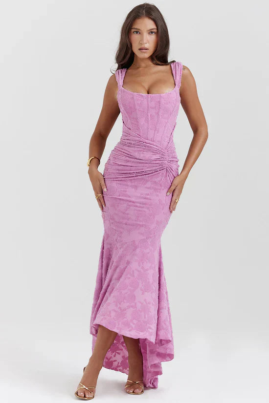 Purple Floral Print Midi Dress with Structured Bodice