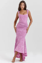 Purple Floral Print Midi Dress with Structured Bodice