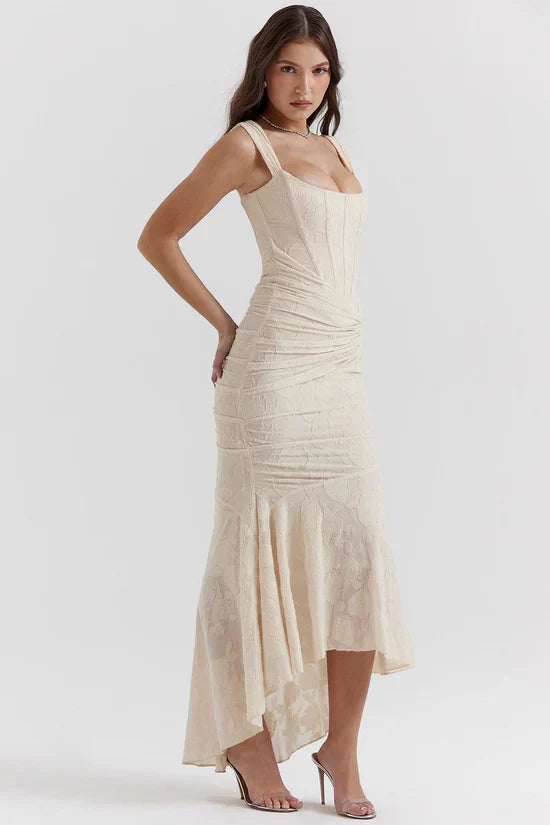Beige Floral Print Midi Dress with Structured Bodice