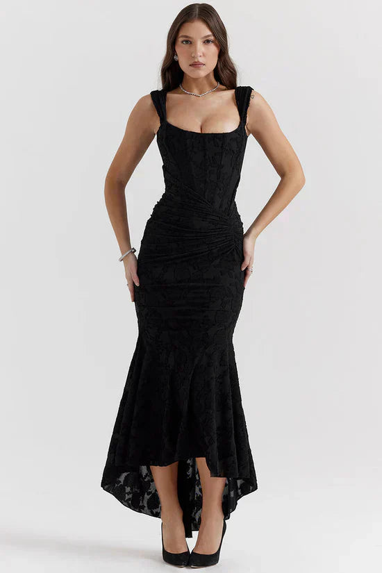 Black Floral Print Midi Dress with Structured Bodice