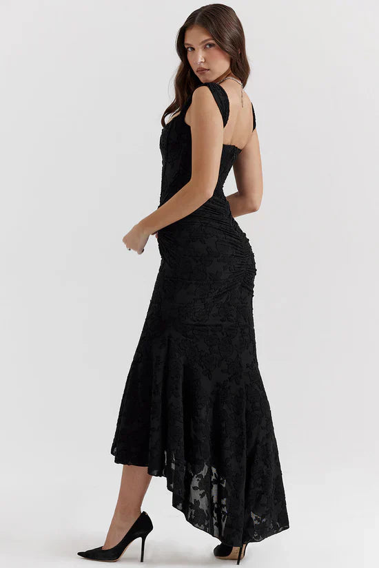 Black Floral Print Midi Dress with Structured Bodice