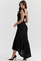 Black Floral Print Midi Dress with Structured Bodice
