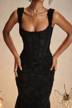 Black Floral Print Midi Dress with Structured Bodice