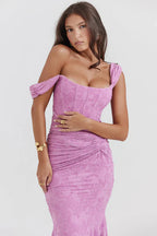 Purple Floral Print Midi Dress with Structured Bodice