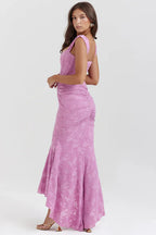 Purple Floral Print Midi Dress with Structured Bodice
