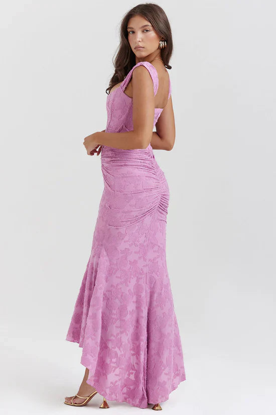 Purple Floral Print Midi Dress with Structured Bodice