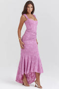 Purple Floral Print Midi Dress with Structured Bodice
