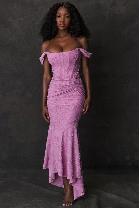Purple Floral Print Midi Dress with Structured Bodice