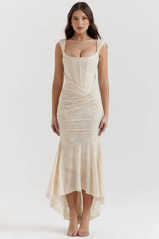 Beige Floral Print Midi Dress with Structured Bodice