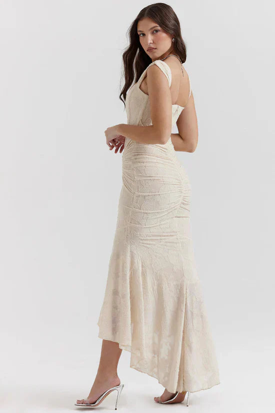 Beige Floral Print Midi Dress with Structured Bodice