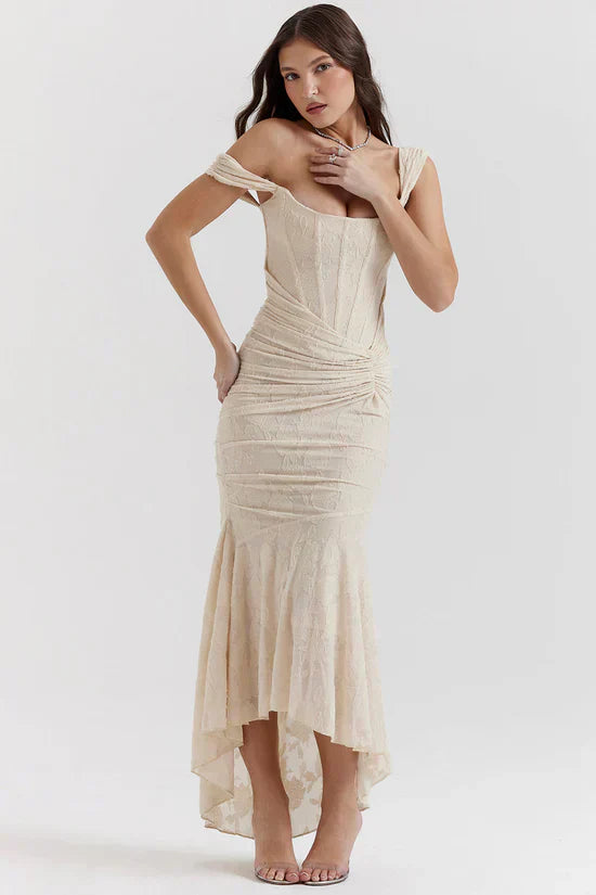 Beige Floral Print Midi Dress with Structured Bodice
