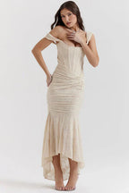 Beige Floral Print Midi Dress with Structured Bodice