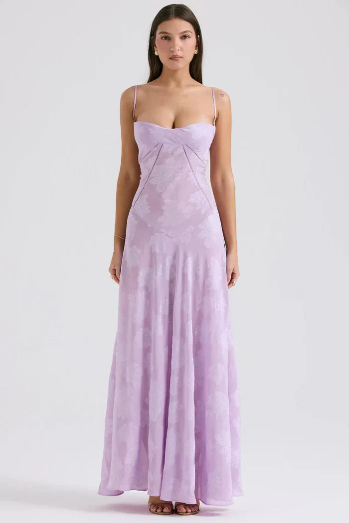 Purple Floral Lame Maxi Dress with Lace-Up Back