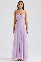 Purple Floral Lame Maxi Dress with Lace-Up Back