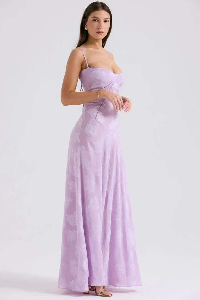 Purple Floral Lame Maxi Dress with Lace-Up Back