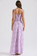 Purple Floral Lame Maxi Dress with Lace-Up Back